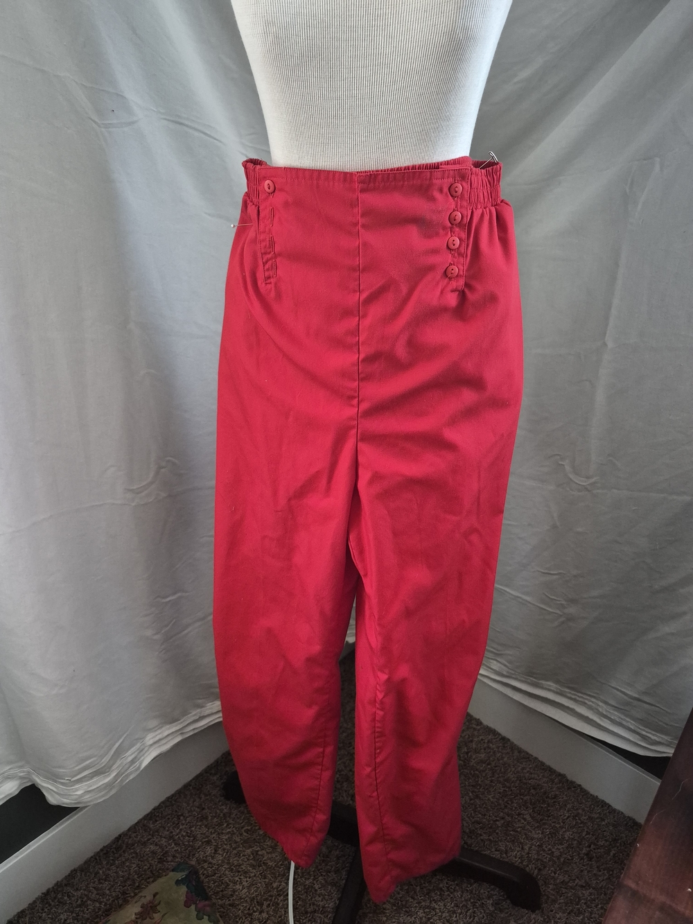 Bright Red High-Waist Button Detail Pants